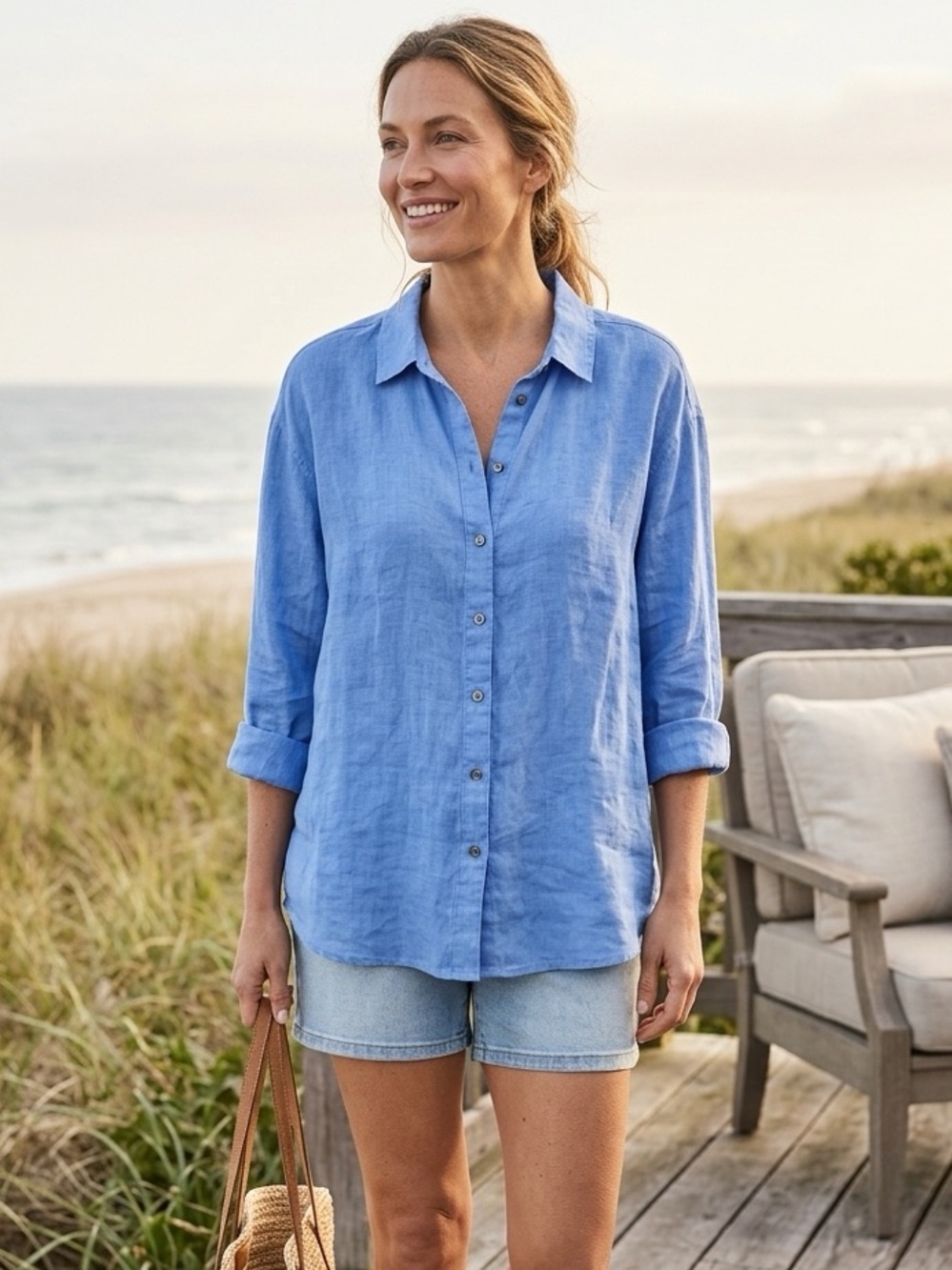 J Jill LINEN Button Down Blue Breezy Breathable Beachy Womens Large